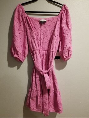 Eloquii Elements Eyelett Mini Dress Mauve Puff Sleeves Tiered 100% Cotton 16